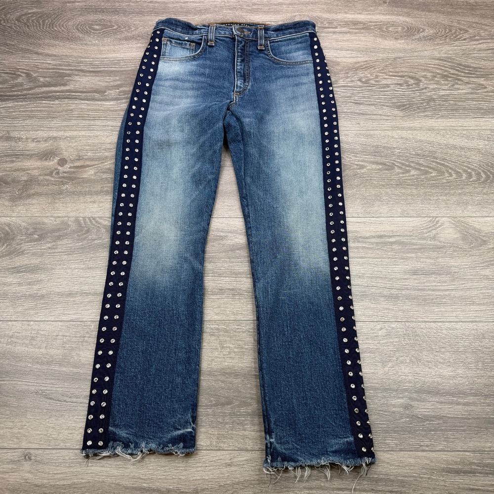 Veronica Beard Jeans Womens 26 Blue Faded Rhinestone Embellished Raw Hem Frayed
